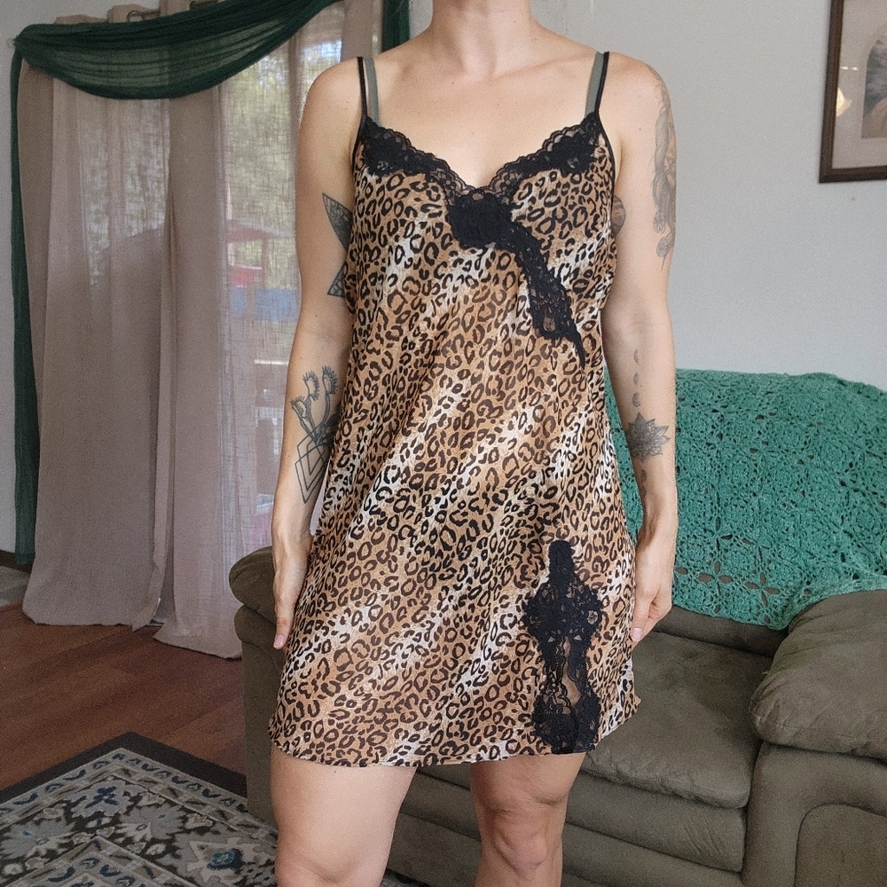 Vintage Animal Print Lace Trimmed Slip Dress Size Large